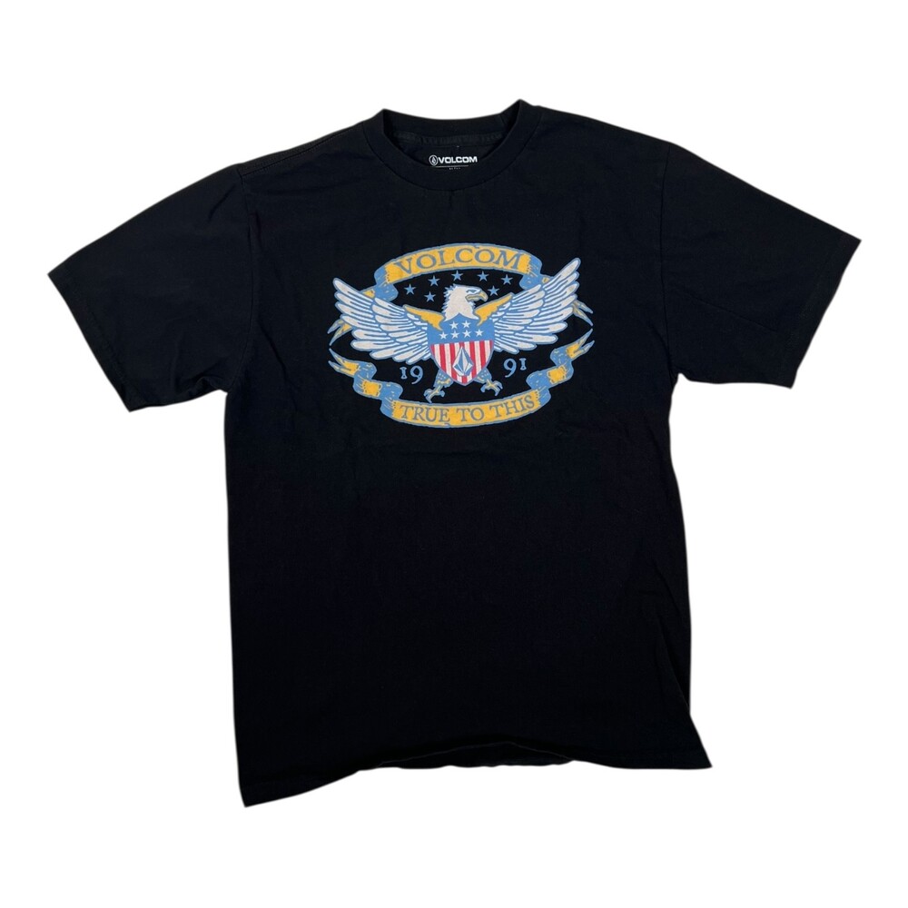 Vintage Volcom T-Shirt Size Medium "True To This" Y2K Skater Eagle Flag Black